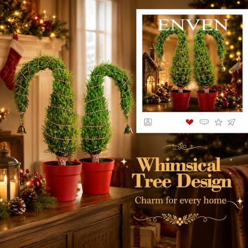 Whimsical Bent Top Mini Christmas Tree with Bell Ornament - Potted Holiday Decor