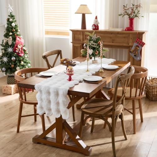 White Bubble Faux Fur Table Runner 13x36 Inch Scalloped Holiday Decor