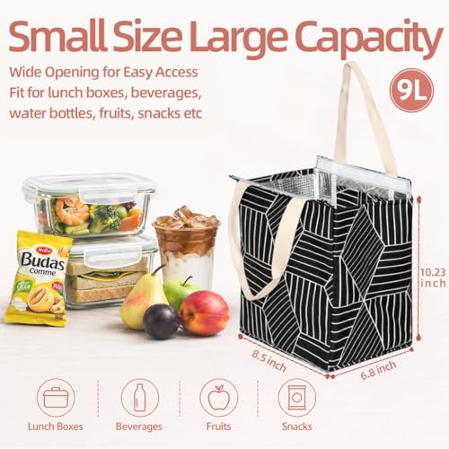 iknoe 9L Insulated Lunch Bag - Black Rhombus, Hook and Loop Closure Tote