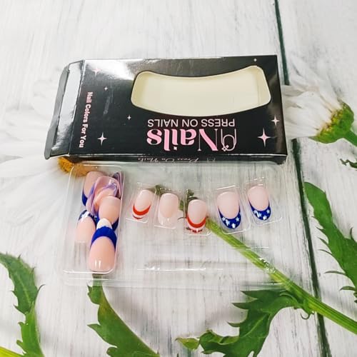 Independence Day Press on Nails Short Almond Star Design False Nails