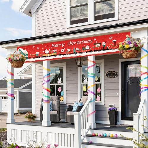 Christmas Train Banner 78.7x17.7 Inch - Santa with Gifts for Outdoor Decor
