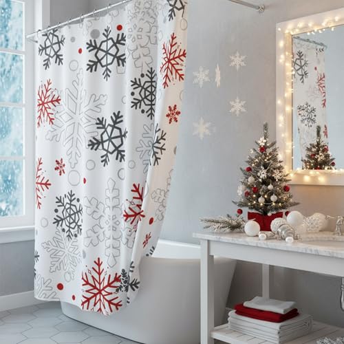 Christmas Snowflake Shower Curtain Red & Grey 72" x 72" with Hooks