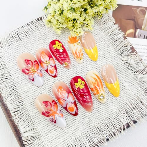 BUNLVDI Medium Almond French Press on Nails with Fall Maple Leaf and Gold Star Design
