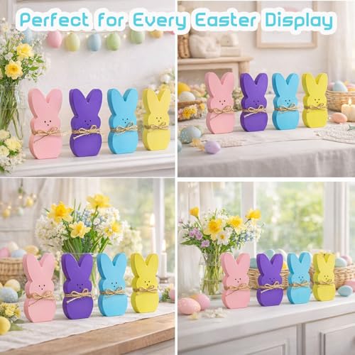 Wooden Easter Bunny Table Decor Set, 4-Piece Freestanding Spring Rabbit Accents
