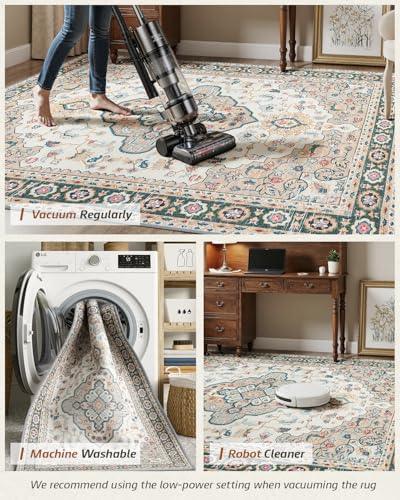 MINIDEAR 2' x 3' Washable Vintage Floral Rug for Entryway & Kitchen, Non-Slip Khaki Small Rug