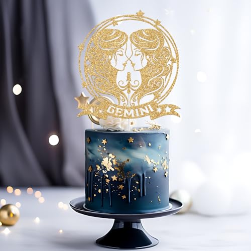 Gold Glitter Gemini Cake Topper for Zodiac Birthday Parties
