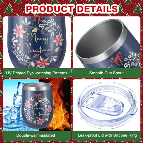 12 Pack Christmas Stainless Steel Wine Tumblers with Lids & Straws - Charming Holiday Design
