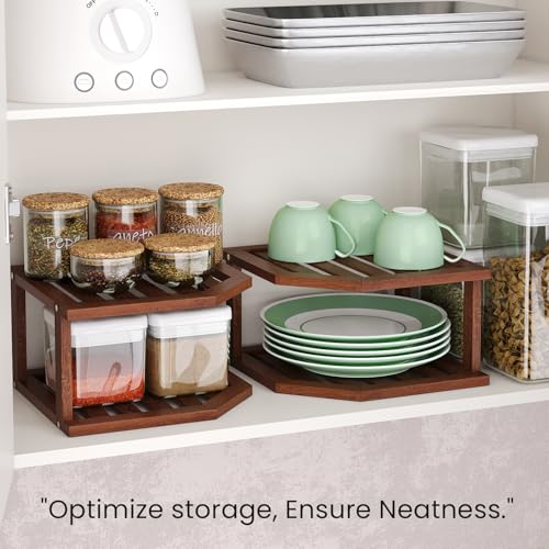 VERTORGAN 2 Tier Bamboo Plate Organizer - Brown Corner Shelf