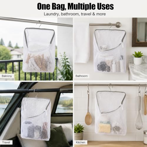 CHENZORVAX Hanging Mesh Clothespin Bag with Hook, White - 11.8 x 7.8 In