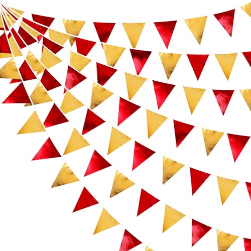 Red Gold Party Decorations Metallic Fabric Triangle Pennant Banner - 32ft, Reusable