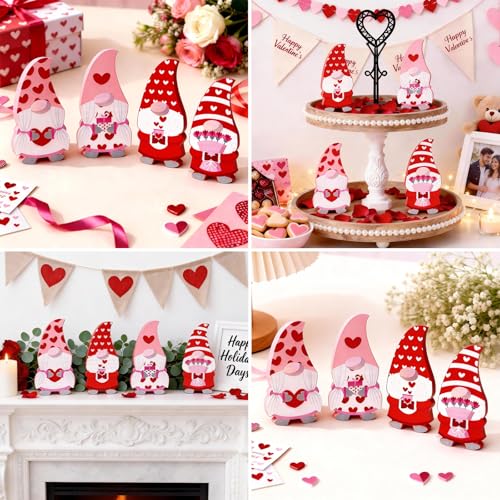 Cute Wooden Gnome Table Decoration - 4 Pcs Red & Pink Set