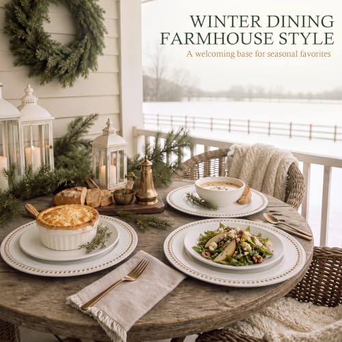 Farmhouse White Christmas Charger Plates Set of 6 - 13 Inch Beaded Plastic Dinnerware
