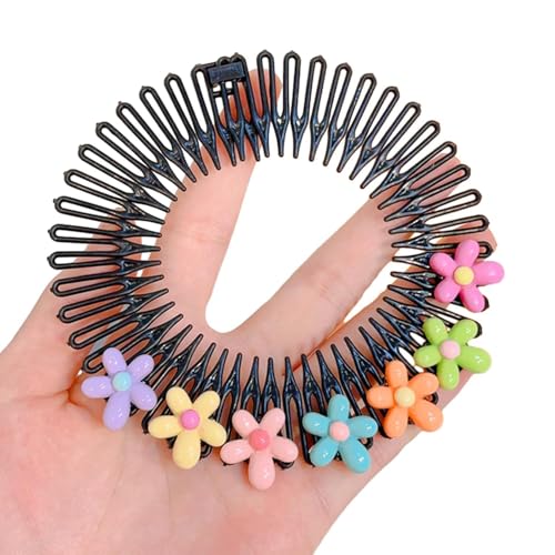 Stretchy Circular Hair Comb with Flowers Black Flexible Headband