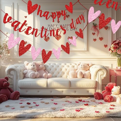 Happy Valentine's Day Glitter Banner with Heart Garland - 9.8 ft