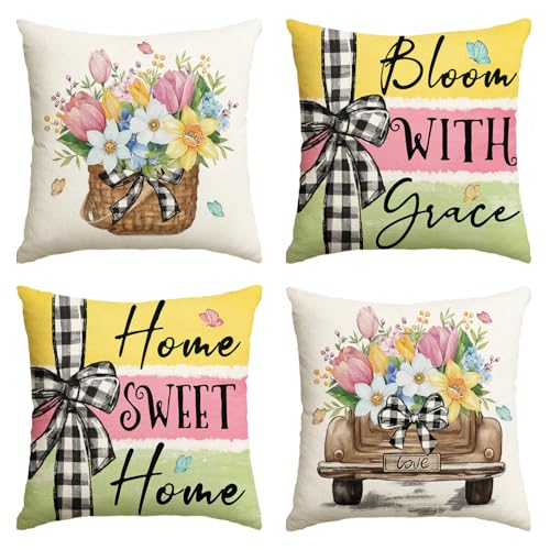 Spring Flowers Tulip Basket Throw Pillow Covers - Set of 4, 18x18