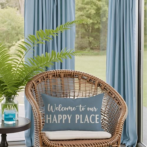 Welcome to Our Happy Place Lumbar Pillow Covers, 12x20 Dusty Blue Set of 2