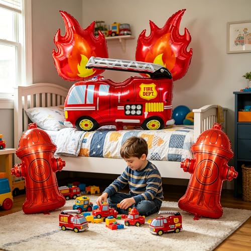 Fire Truck Balloon Decorations Set - 5 Foil Balloons for Kids' Parties