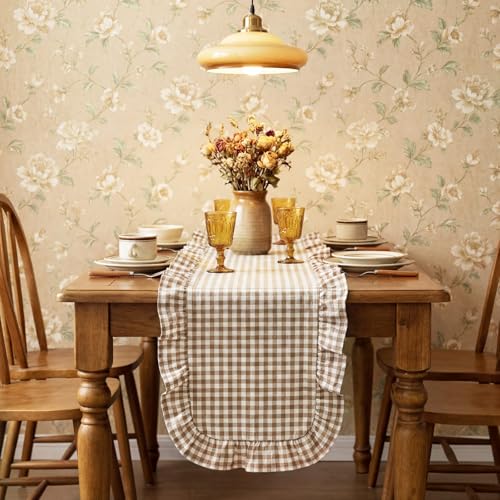 Tegeme Brown Gingham Cotton Ruffle Table Runner - 12 x 71 Inches