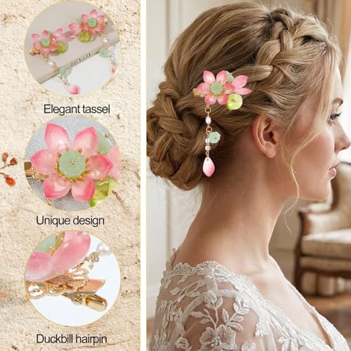 Shimmeroo 2Pcs Pink Flower Hair Clip Vintage Glass Bead Tassel Barrette