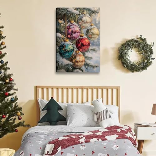 Christmas Tree Canvas Wall Art 12x18 Snow Scene with Baubles - Holiday Decor