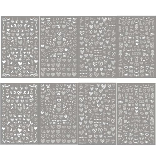 Valentine Nail Art Stickers - 8 Sheets 3D Self-Adhesive Heart Decals