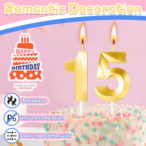Gold Number 15 Birthday Candles | 15th Birthday Cake Topper