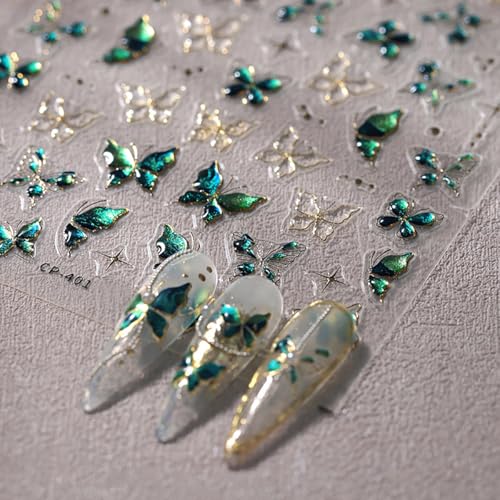 5D Embossed Green Gold Butterfly Nail Stickers Self-Adhesive Nail Decals