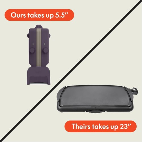 Bella 10"x20" Ceramic Fold-N-Store Griddle - Dual Temp Nonstick Kitchenware, 2 Zones Up to 400°F, Plum