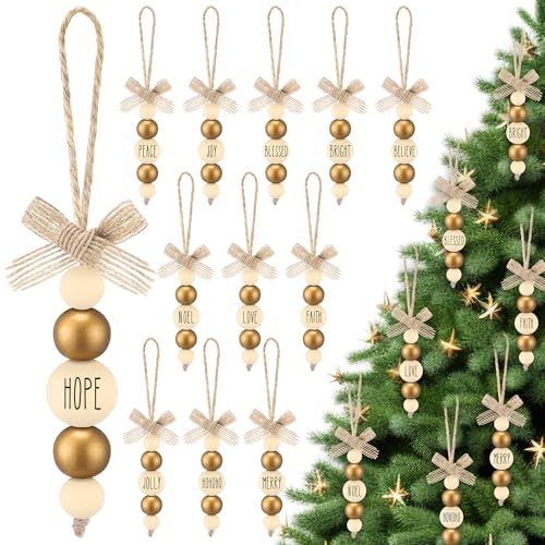 Bohemian Gold Wooden Christmas Tree Ornaments Set - Blessing Words, 24 Pieces