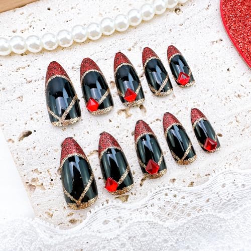 ZRETHFB Red French Tip Press on Nails Medium Almond Rhinestone False Nails