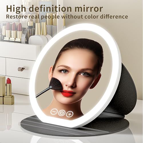 suonee Rechargeable Lighted Travel Makeup Mirror - 8.6" Slim LED Vanity Mirror with 3 Color Modes and PU Leather Case, Black