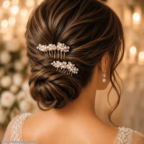 Pearl Wedding Hair Comb 2-Piece Gold Bridal Crystal Hairpiece Set