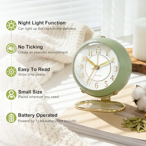Azxb Retro Analog Alarm Clock - Avocado Green, Silent & Backlit