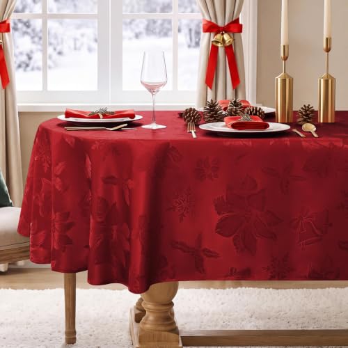 Christmas Jacquard Oval Tablecloth Red Flower Pattern 60x84 Inches - Festive Holiday Decor