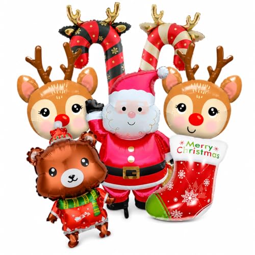 7 Pcs Christmas Foil Balloons Set - Santa Reindeer Bear Candy Cane Xmas Decorations
