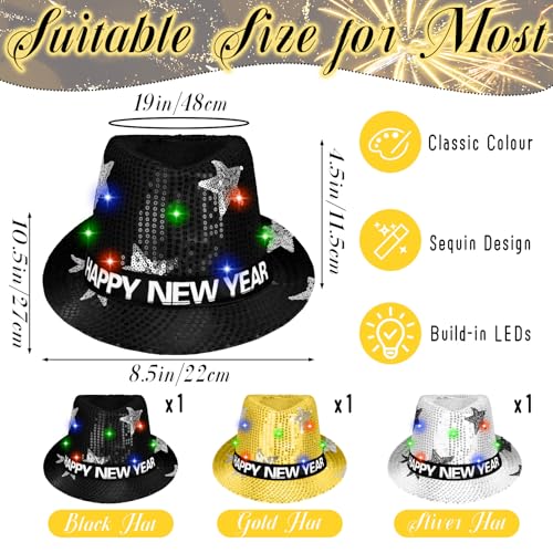 Black Gold Flashing Party Hats Set - Happy New Year, Christmas, Birthday, 3 Pack