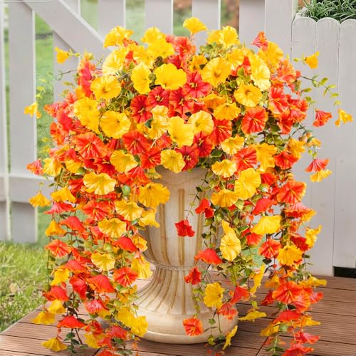 Artificial Morning Glory Hanging Flowers - 4 Pack, UV-Resistant Orange