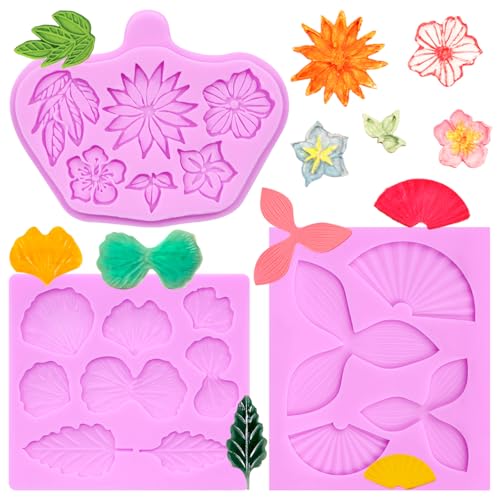 Tropical Flower & Leaf Silicone Molds Set - 3 Pcs for Cake & Candy Decorating