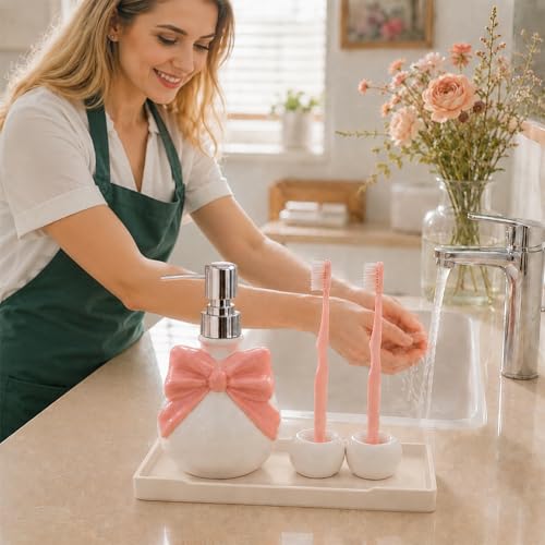 Elegant Pink Ceramic Bathroom Accessories Set with Bow Design