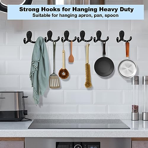 Kruodop 4 Pack Black Heavy Duty Wall Hooks for Coats & Towels - Metal Double Hanger