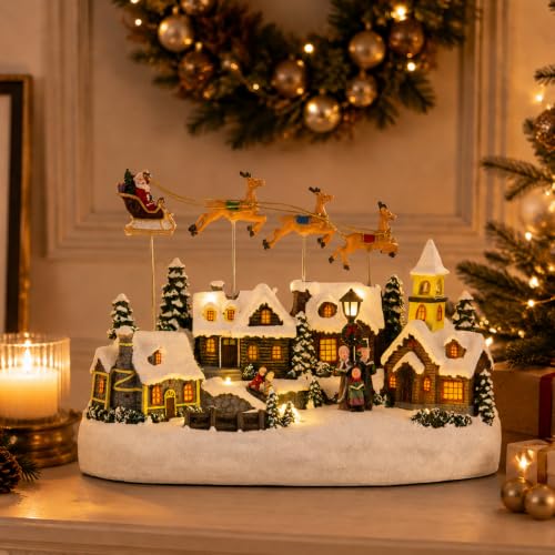 Animated Christmas Village Scene with Flying Deer - Santa Sleigh Display