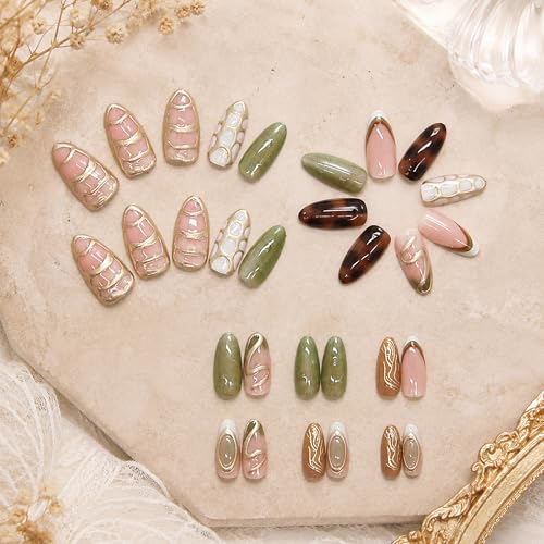 Medium Almond Press on Nails 30Pcs Green Glitter Gilded Lines False Nails