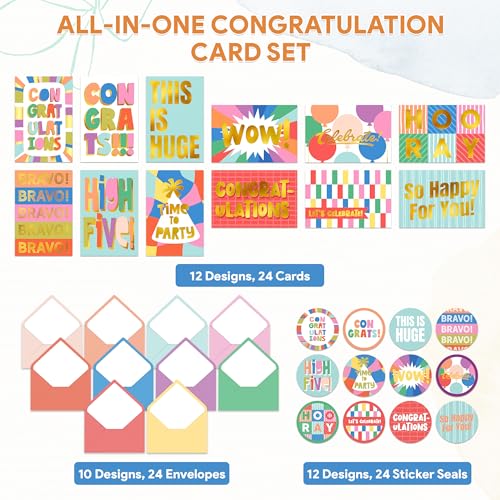 Decorably 24-Pack Congratulations Cards with Envelopes, Gold Foil 6x4in