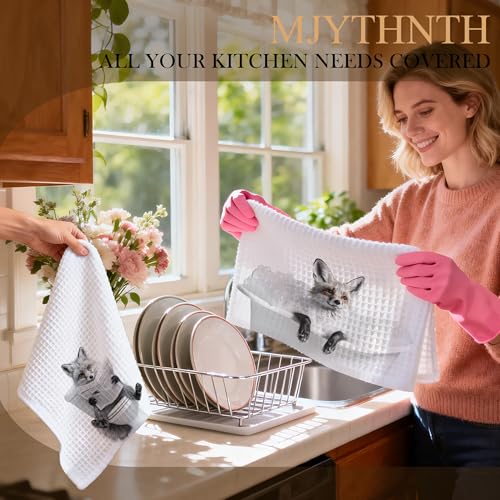 Sketch Fox Hand Towels Set of 2 - Funny Newspaper Fox Bathroom Decor, 16x24 Inches, Black & White Forest Animal Gift