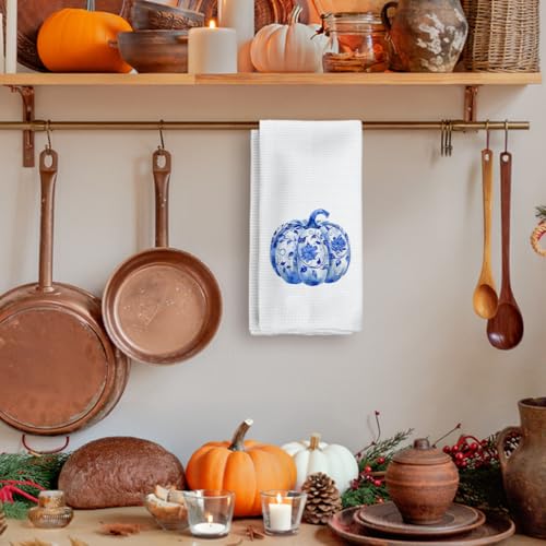 Blue and White Pumpkin Kitchen Towels - 16x24 Inches, Farmhouse Decor