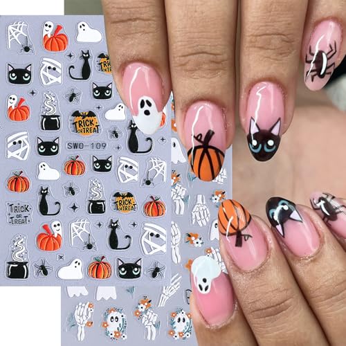 5D Embossed Halloween Nail Stickers Ghost Black Cat Nail Decals 4 Sheets