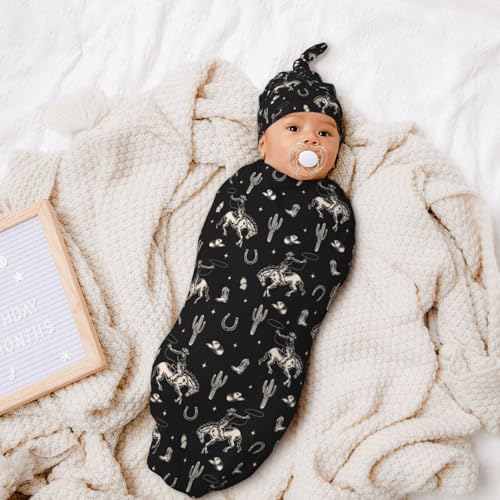 Broiteid Newborn Baby Swaddle Blanket and Beanie Hat Set - Cowboy Western