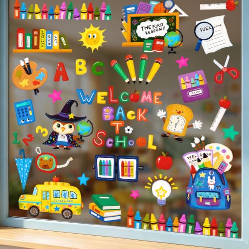 Back to School Window Clings - Owl, School Bus & Crayon Decor