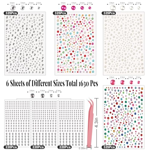 CharmFlor 1630Pcs Face Gems Stickers - Self-Adhesive Rhinestones & Pearls