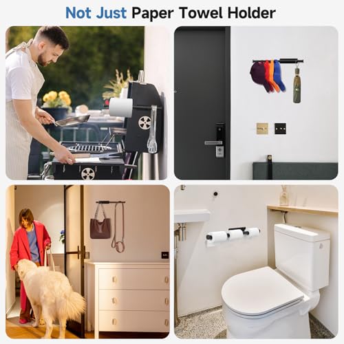 TONHTCAT Black Under Cabinet Paper Towel Holder with 5 Hooks & Extended Arm